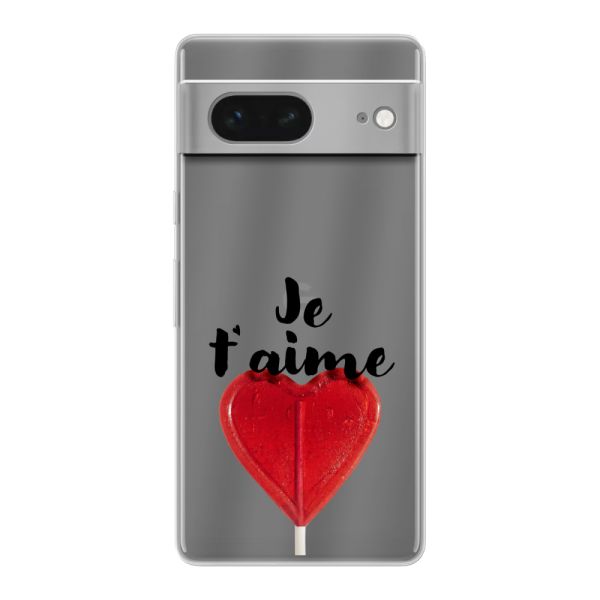 Funda Google Pixel 7 flexible transparente con piruleta en forma de corazón - Je t'aime
