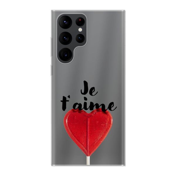Funda Samsung Galaxy S22 Ultra flexible transparente con piruleta en forma de corazón - Je t'aime