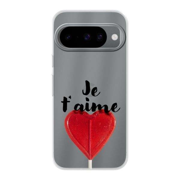 Funda Google Pixel 10 flexible transparente con piruleta en forma de corazón - Je t'aime