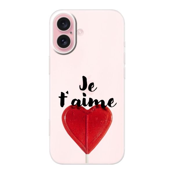Funda iPhone 16 flexible transparente con piruleta en forma de corazón - Je t'aime