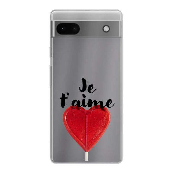 Funda Google Pixel 6a flexible transparente con piruleta en forma de corazón - Je t'aime