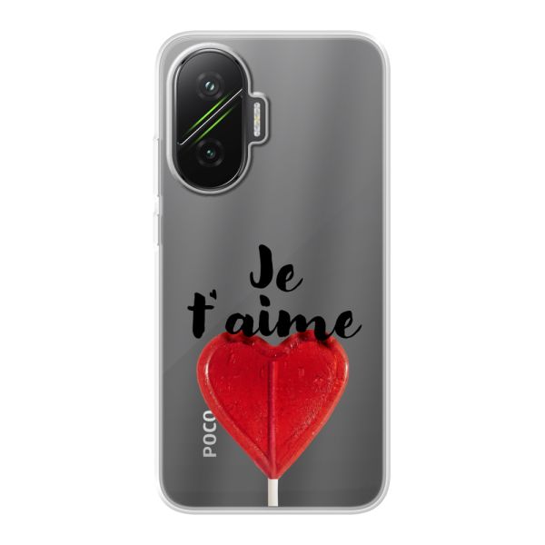 Funda Xiaomi Poco F7 flexible transparente con piruleta en forma de corazón - Je t'aime