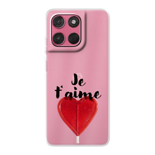 Funda Motorola Moto G57 flexible transparente con piruleta en forma de corazón - Je t'aime