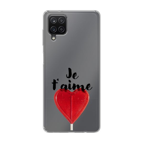 Funda Samsung Galaxy A12 flexible transparente con piruleta en forma de corazón - Je t'aime