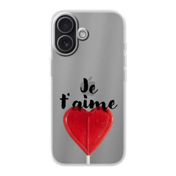Funda iPhone 17 flexible transparente con piruleta en forma de corazón - Je t'aime