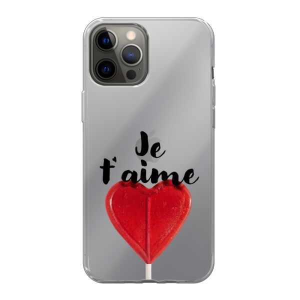 Funda iPhone 12 Pro Max flexible transparente con piruleta en forma de corazón - Je t'aime