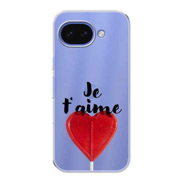 Funda Google Pixel 10A flexible transparente con piruleta en forma de corazón - Je t'aime
