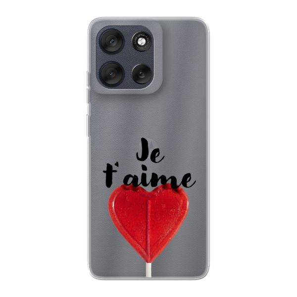 Funda Motorola Moto G56 flexible transparente con piruleta en forma de corazón - Je t'aime