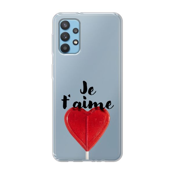 Funda Samsung Galaxy A32 4G flexible transparente con piruleta en forma de corazón - Je t'aime