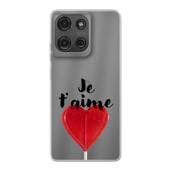 Funda Motorola Moto G86 flexible transparente con piruleta en forma de corazón - Je t'aime
