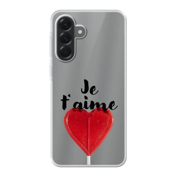 Funda Samsung Galaxy A56 flexible transparente con piruleta en forma de corazón - Je t'aime