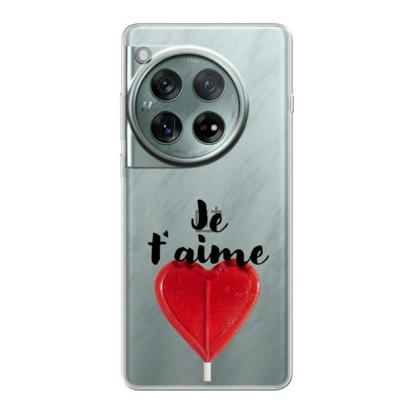 Funda OnePlus 12 flexible transparente con piruleta en forma de corazón - Je t'aime