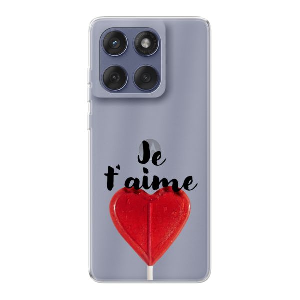 Funda Motorola Edge 60 flexible transparente con piruleta en forma de corazón - Je t'aime