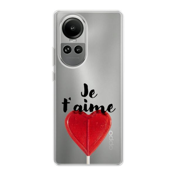 Funda Oppo Reno 10 flexible transparente con piruleta en forma de corazón - Je t'aime