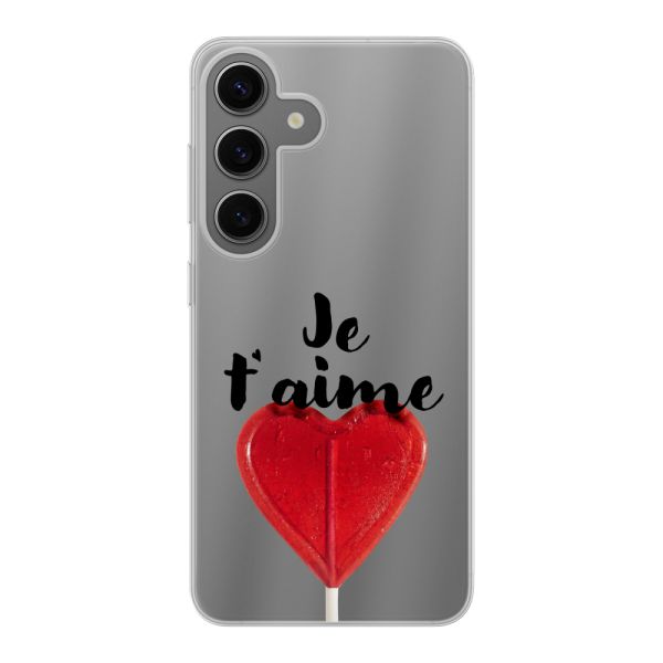 Funda Samsung Galaxy S24 flexible transparente con piruleta en forma de corazón - Je t'aime