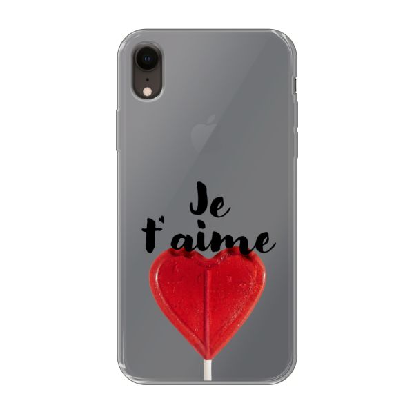 Funda iPhone Xr flexible transparente con piruleta en forma de corazón - Je t'aime
