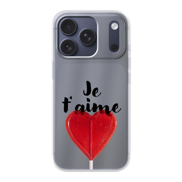 Funda iPhone 17 Pro flexible transparente con piruleta en forma de corazón - Je t'aime