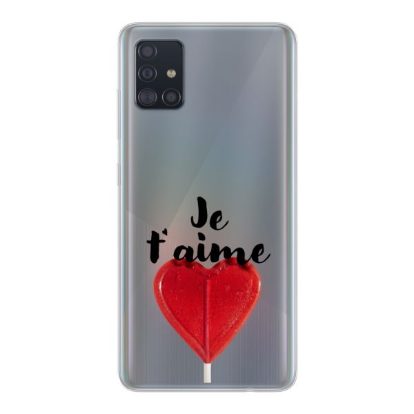 Funda Samsung Galaxy A51 flexible transparente con piruleta en forma de corazón - Je t'aime