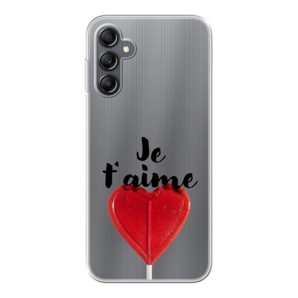 Funda Samsung Galaxy A14 flexible transparente con piruleta en forma de corazón - Je t'aime