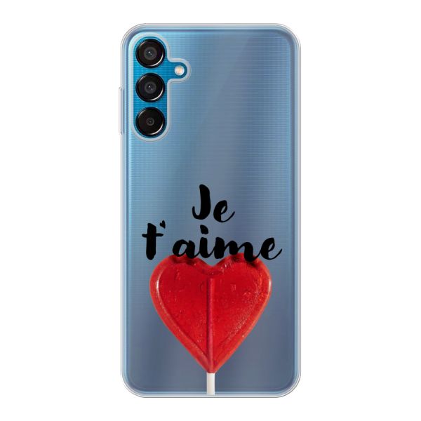 Funda Samsung Galaxy M15 flexible transparente con piruleta en forma de corazón - Je t'aime