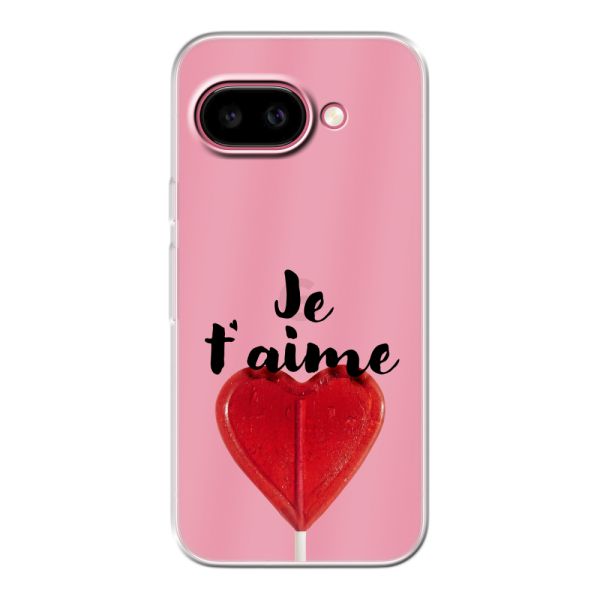 Funda Google Pixel 9A flexible transparente con piruleta en forma de corazón - Je t'aime