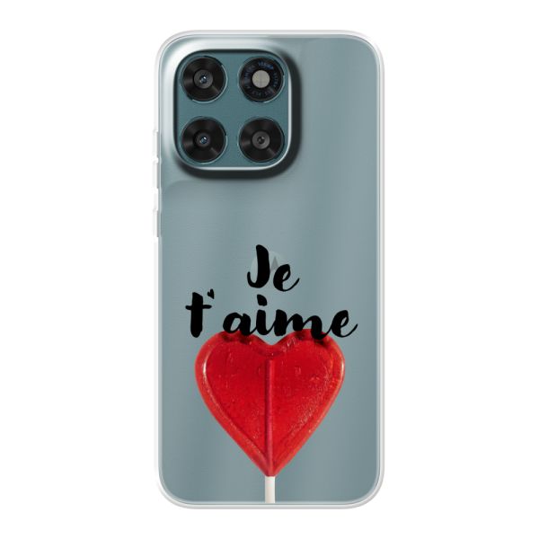 Funda Motorola Moto G67 flexible transparente con piruleta en forma de corazón - Je t'aime