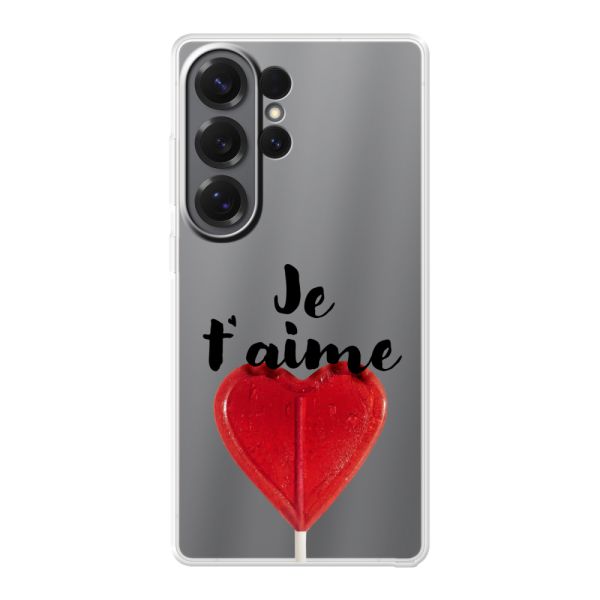 Funda Samsung Galaxy S26 Ultra flexible transparente con piruleta en forma de corazón - Je t'aime