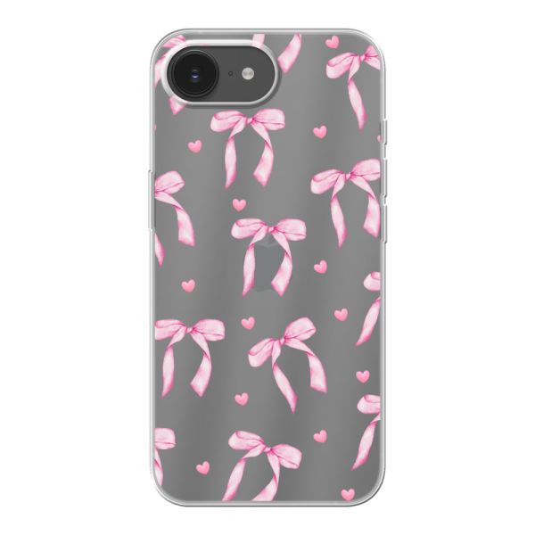 Funda iPhone 17e flexible transparente con lazos y corazones rosas