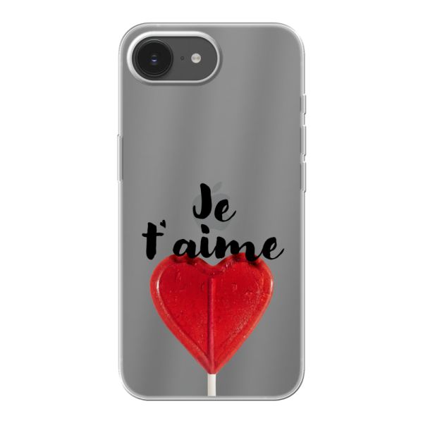 Funda iPhone 17e flexible transparente con piruleta en forma de corazón - Je t'aime