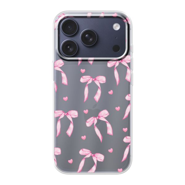 Funda iPhone 18 Pro flexible transparente con lazos y corazones rosas