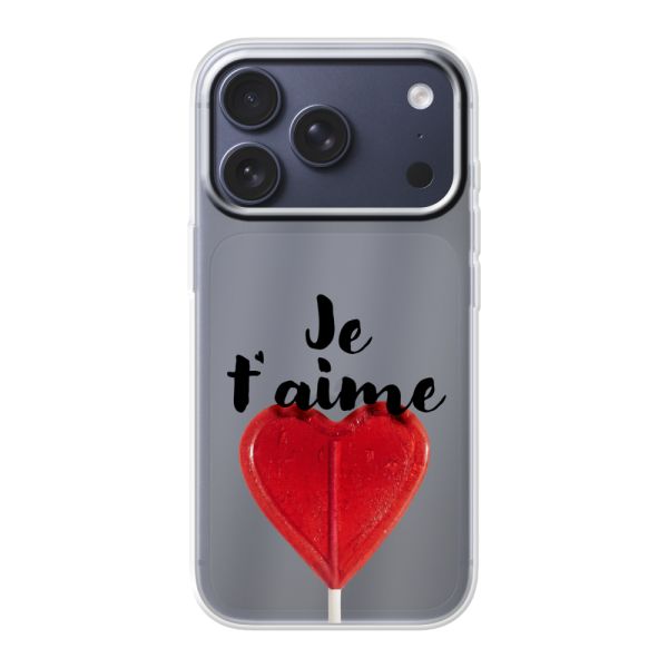 Funda iPhone 18 Pro flexible transparente con piruleta en forma de corazón - Je t'aime