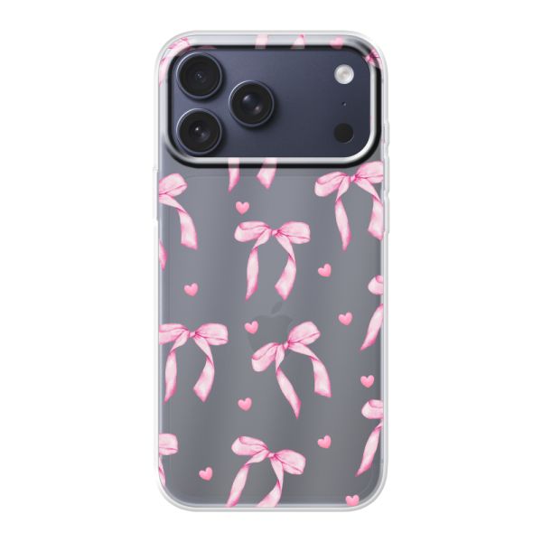 Funda iPhone 18 Pro Max flexible transparente con lazos y corazones rosas