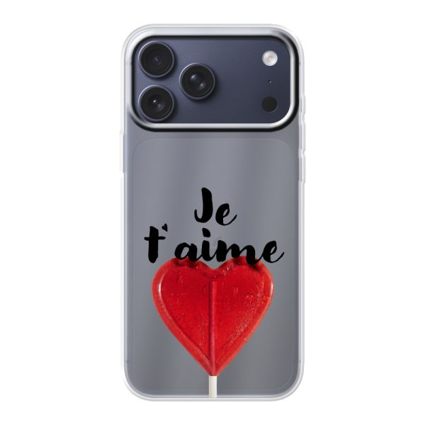 Funda iPhone 18 Pro Max flexible transparente con piruleta en forma de corazón - Je t'aime