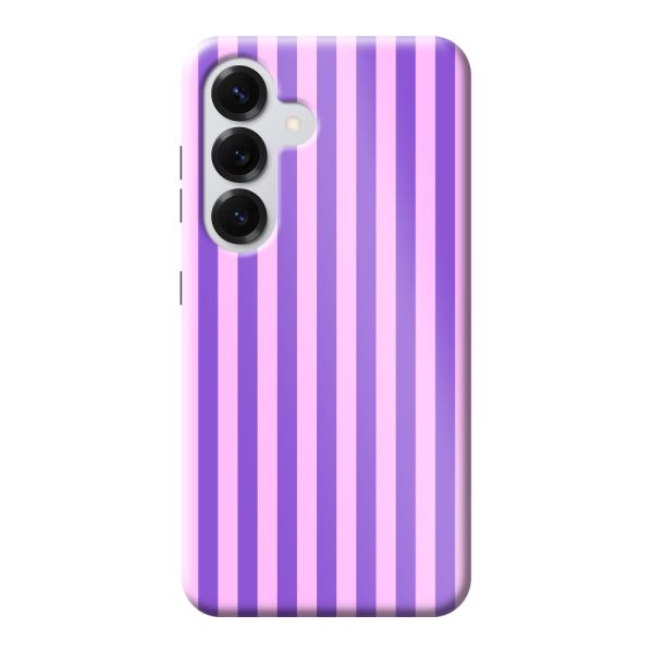 Funda Samsung Galaxy S25 extra resistente con rayas pastel moradas y rosas