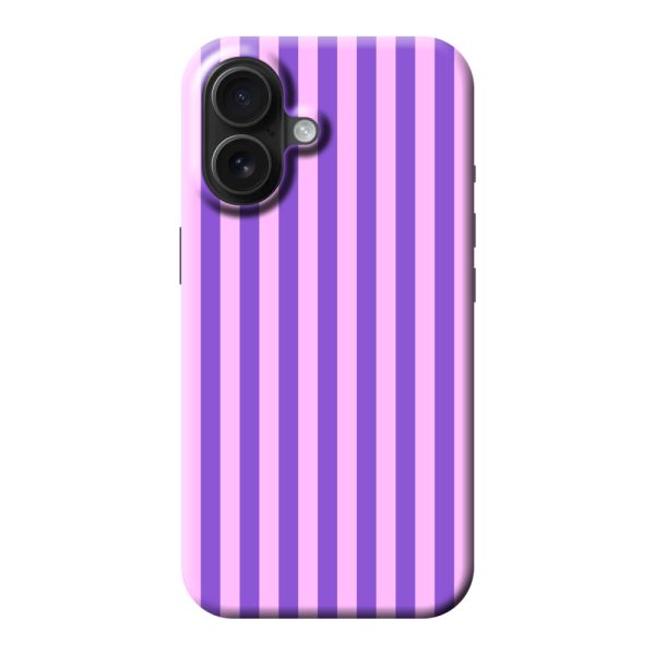 Funda iPhone 16 extra resistente con rayas pastel moradas y rosas