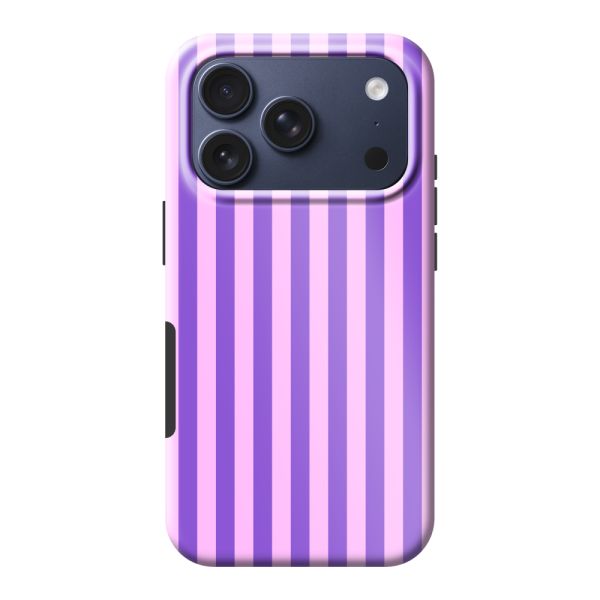 Funda iPhone 17 Pro extra resistente con rayas pastel moradas y rosas