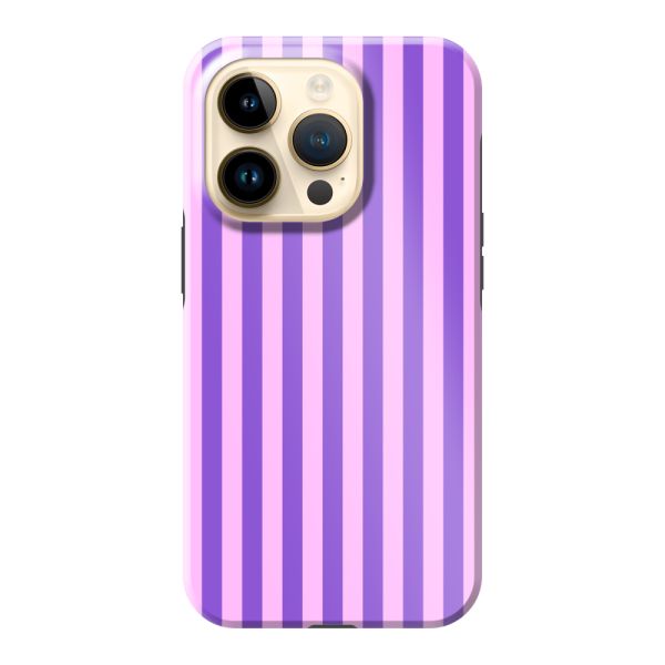 Funda iPhone 14 Pro extra resistente con rayas pastel moradas y rosas
