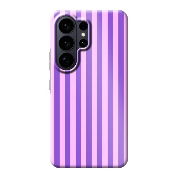Funda Samsung Galaxy S26 Ultra extra resistente con rayas pastel moradas y rosas