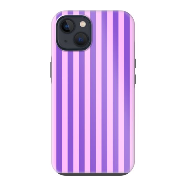 Funda iPhone 13 extra resistente con rayas pastel moradas y rosas