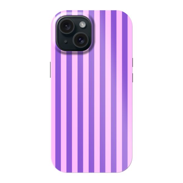 Funda iPhone 15 extra resistente con rayas pastel moradas y rosas