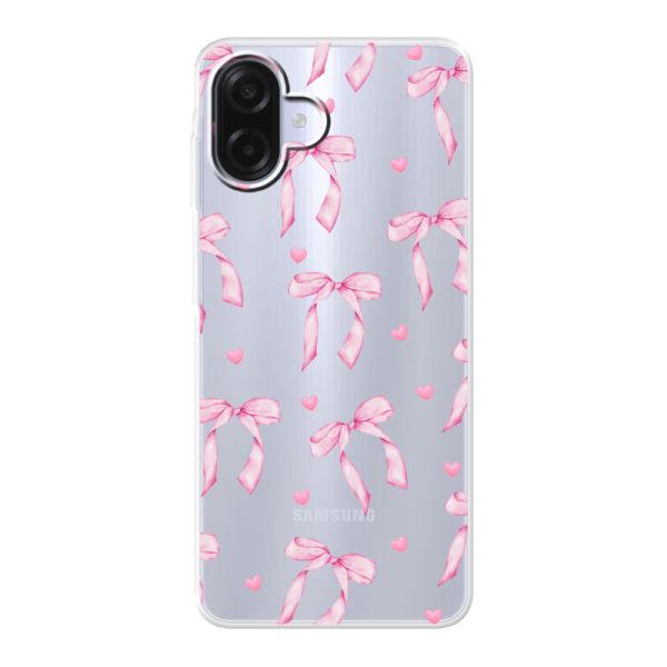Transparant flexibel Samsung Galaxy A08 hoesje met Roze Strikjes en Hartjes