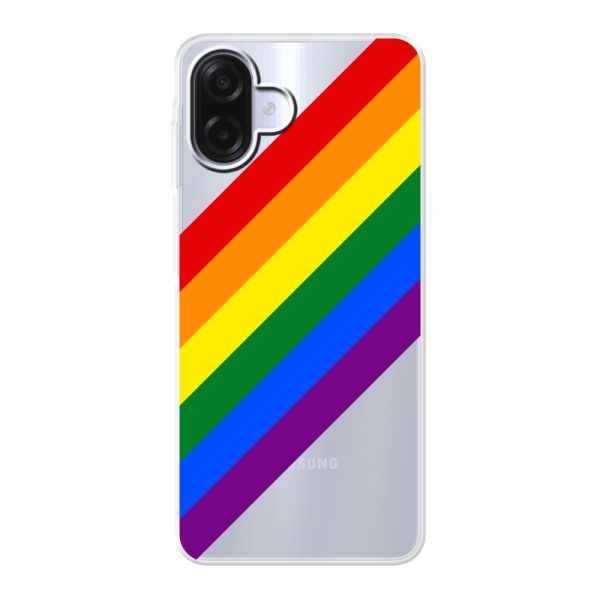 Transparant flexibel Samsung Galaxy A08 hoesje met Diagonale Regenboog - Pride Strepen