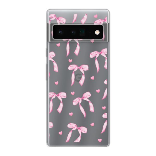 Transparant flexibel Google Pixel 6 Pro hoesje met Roze Strikjes en Hartjes