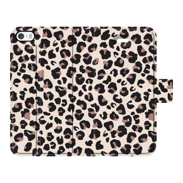 Vollständig bedrucktes iPhone 5 Portemonnaie-Case mit Pantherdruck - Leopardenmuster Beige Rosa