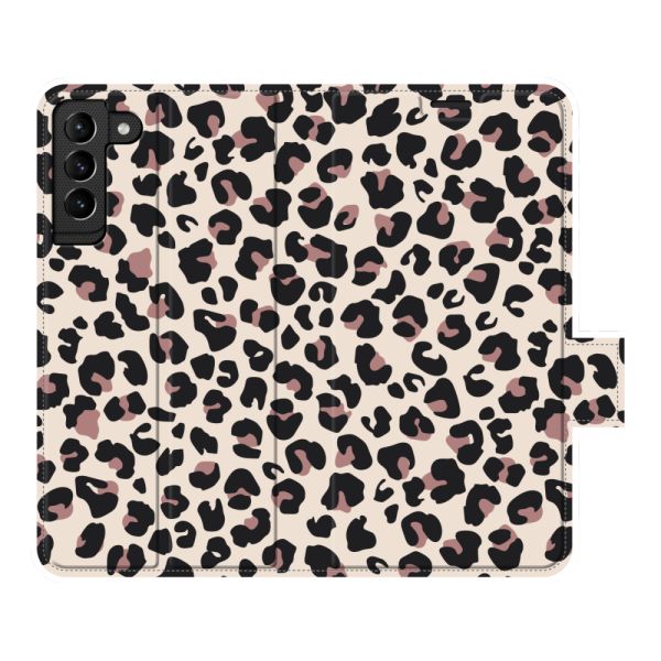 Volledig bedrukt Samsung Galaxy S22 portemonnee hoesje met Panterprint - Luipaardprint Beige Roze
