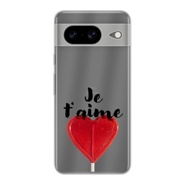 Transparente flexible Google Pixel 8 Hülle mit herzförmigem Lutscher - Je t'aime