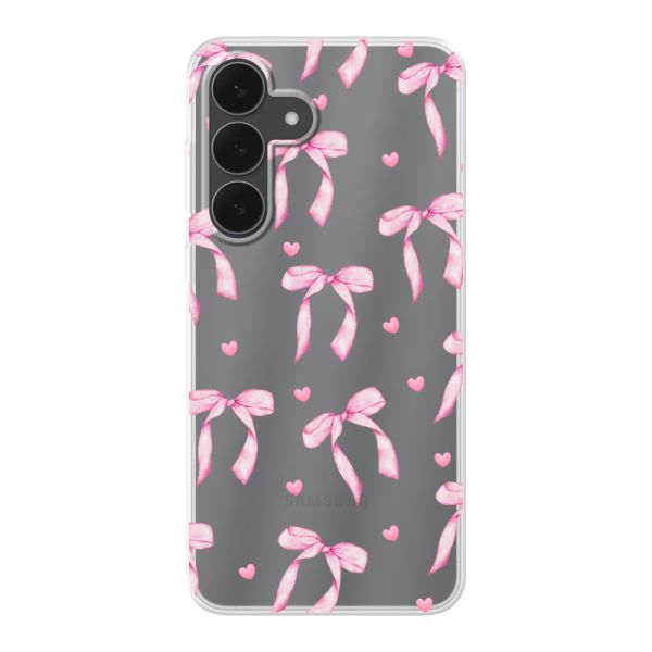 Coque Samsung Galaxy S25 FE flexible transparente avec nœuds et cœurs roses