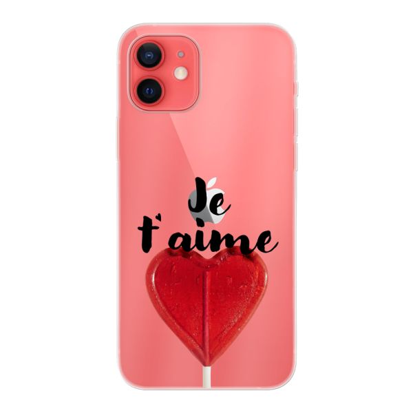 Coque iPhone 12 flexible transparente avec sucette en forme de cœur - Je t'aime