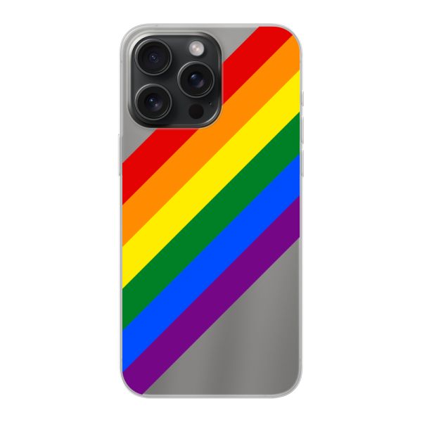 Transparente flexible iPhone 15 Pro Max Hülle mit diagonalem Regenbogen - Pride-Streifen