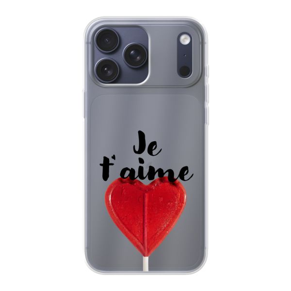 Coque iPhone 17 Pro Max flexible transparente avec sucette en forme de cœur - Je t'aime